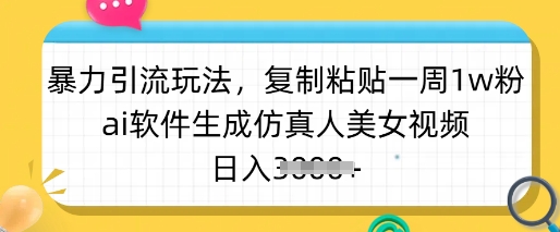 暴力引流玩法，复制粘贴一周1w粉，ai软件生成仿真人美女视频，日入多张-超好资源网